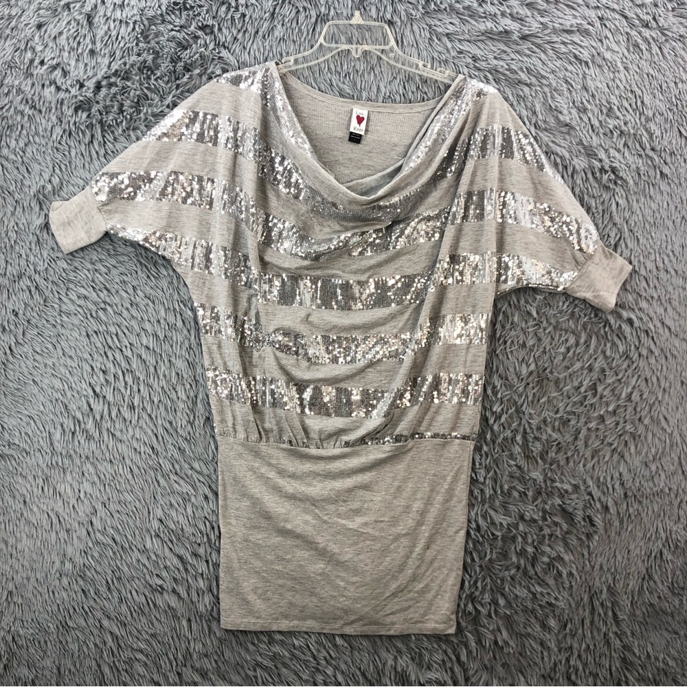 Love Rocks Dress Womens Large Slouch Neck Sequin Stripe Gray